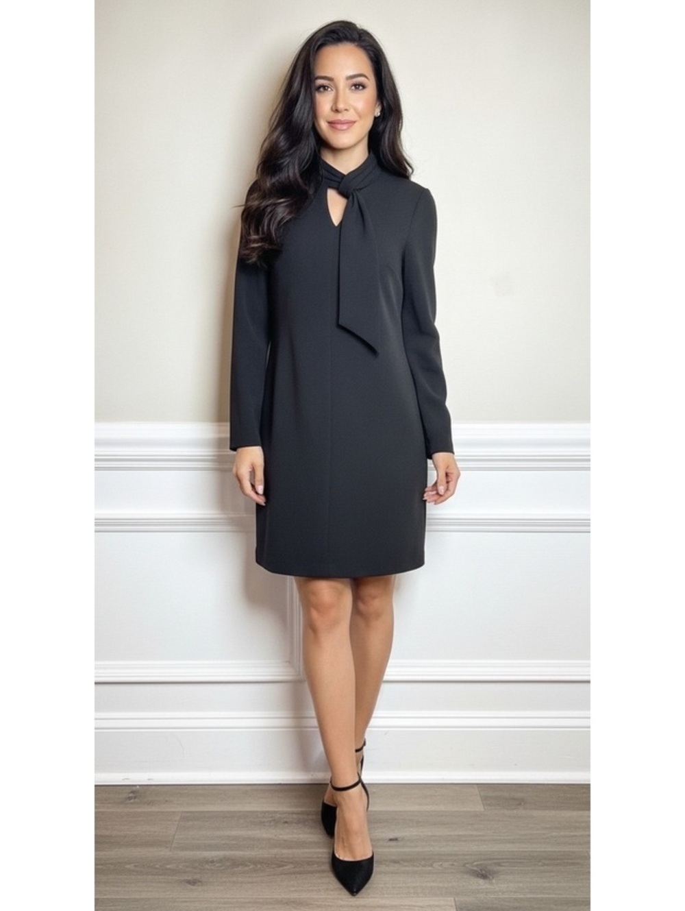Calvin Klein Black Long Sleeve Draped Tie Neck Dress 12